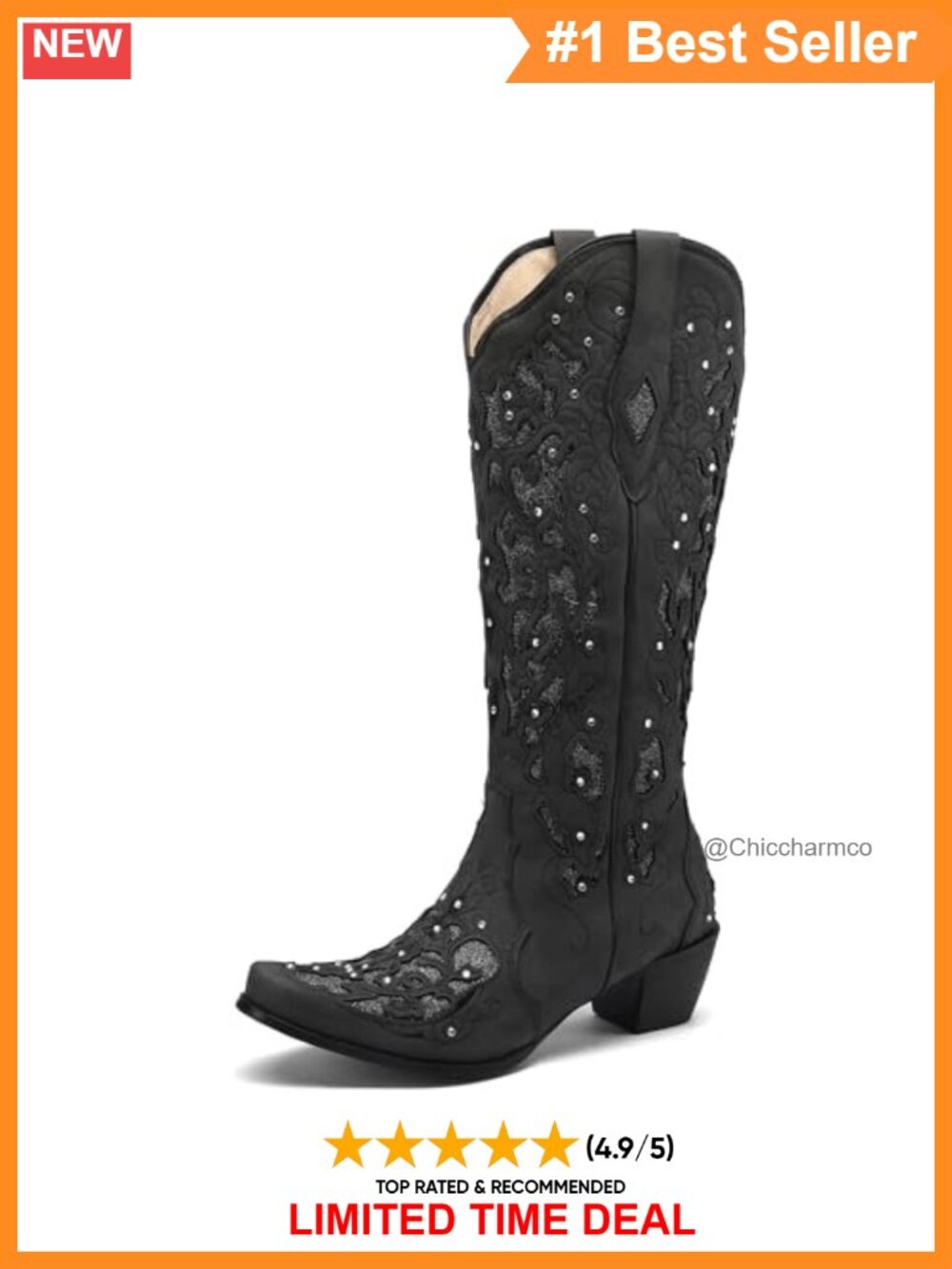 Rhinestone Cowgirl Boots Knee High Chunky Heel Pointed Toe Pull On